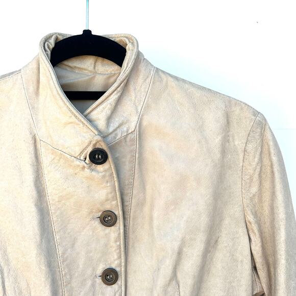 Vintage Y2K Jakett New York Cream Leather Jacket Medium Beige Moto Button Up - Picture 4 of 10